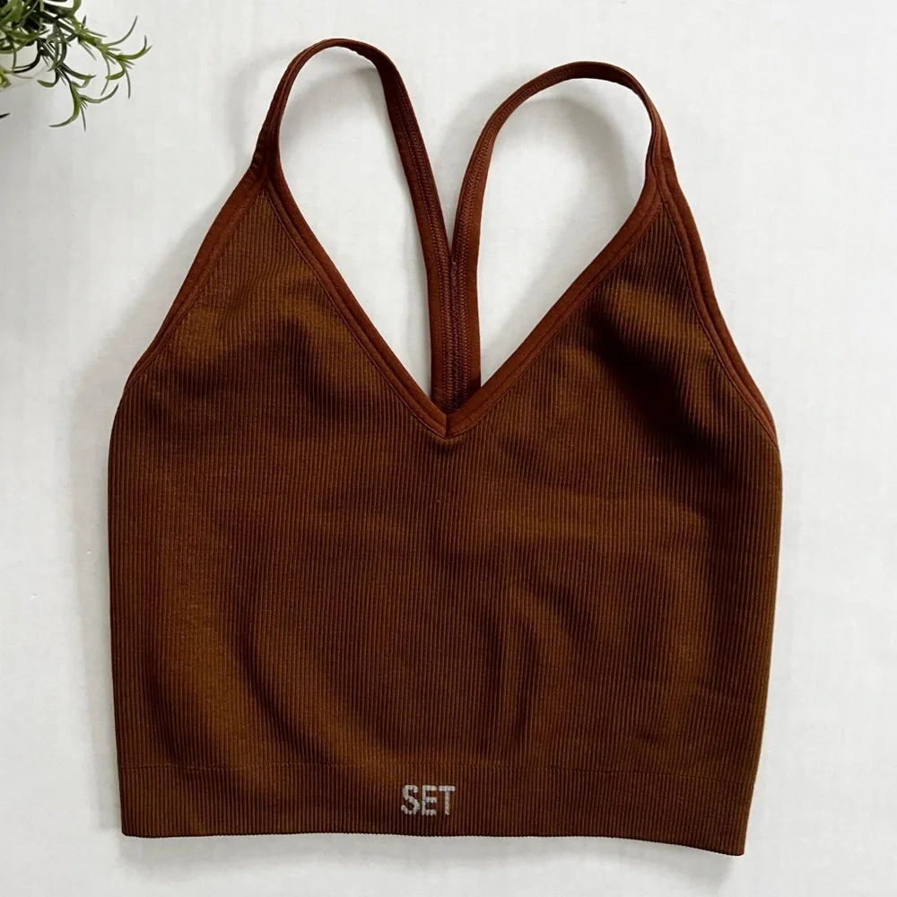 Set Active Racerback Ribbed Brown Crop Top - Picture 1 of 5